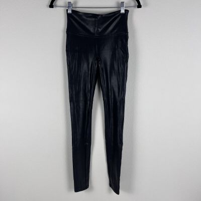 Spanx Faux Leather Leggings Small Black Liquid Look High Rise Shaping Waist 2437